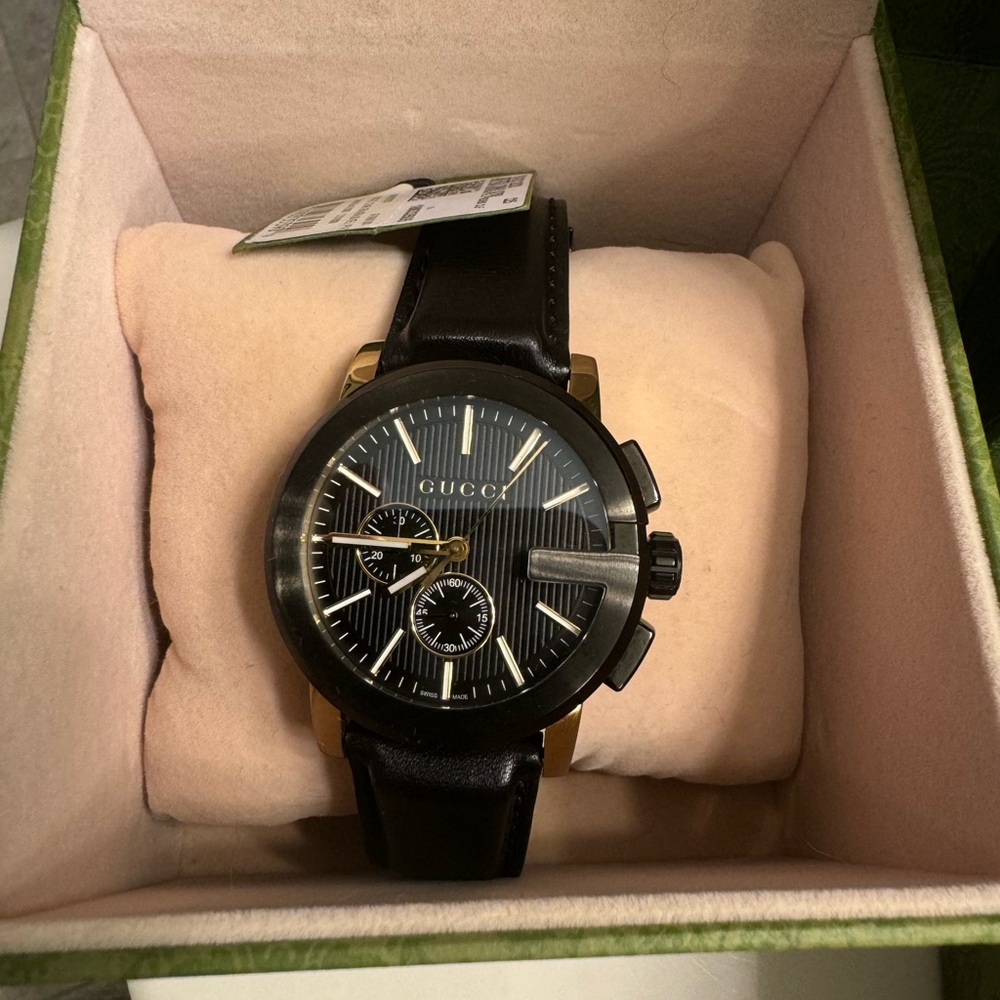 Gucci Black and Gold Leather Strap Watch